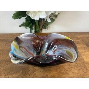 Vintage Naless Japan Art Glass Freeform Bowl Hand Blown Swirl Centerpiece MCM